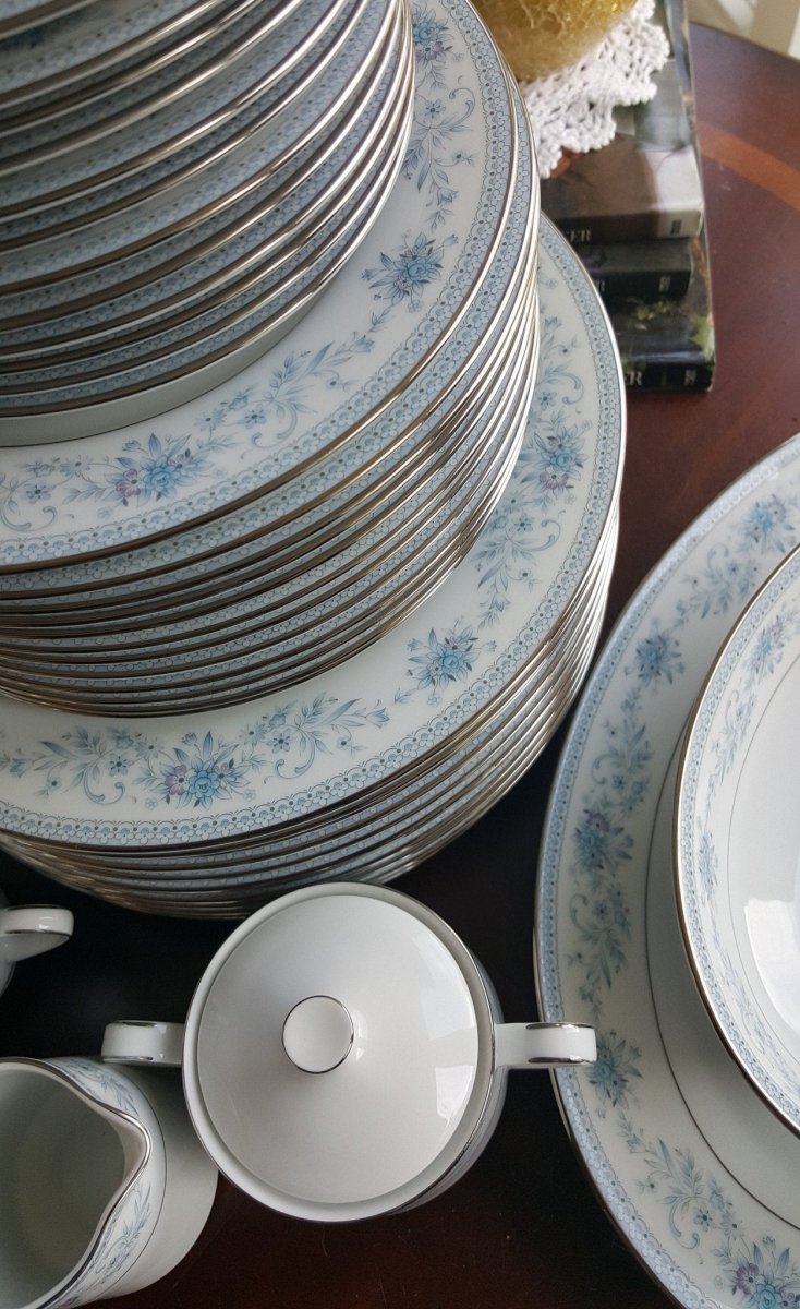Noritake Serving for 12 Noritake Blue Hill 65 Piece Dinnerware Complete Set Blue Floral hint of Pink and Platinum Trim Wedding Luxury Estate China - China Set ClassyTea