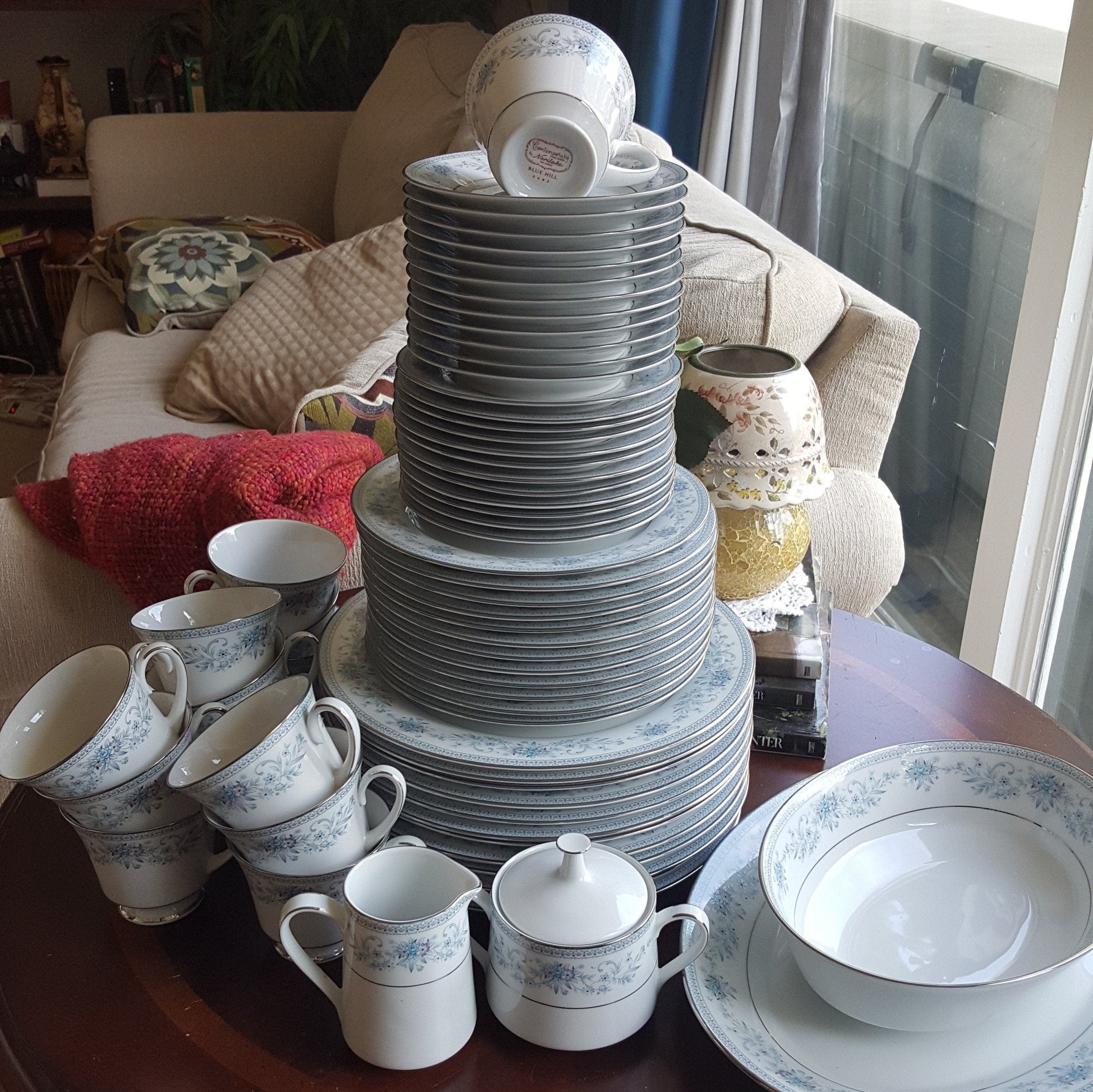 Noritake Serving for 12 Noritake Blue Hill 65 Piece Dinnerware Complete Set Blue Floral hint of Pink and Platinum Trim Wedding Luxury Estate China - China Set ClassyTea