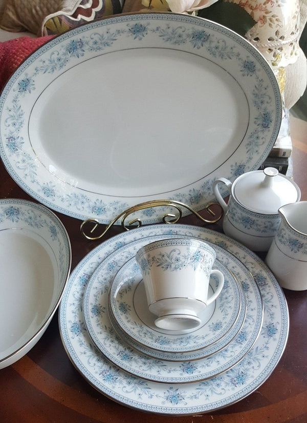Noritake Serving for 12 Noritake Blue Hill 65 Piece Dinnerware Complete Set Blue Floral hint of Pink and Platinum Trim Wedding Luxury Estate China - China Set ClassyTea