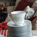 Noritake Set for 4 Noritake Savannah | 5 Piece Place Setting Dinnerware Set Platinum Trim Green Foliage Light Blue pink Flowers on White Wedding Gift - China Set ClassyTea