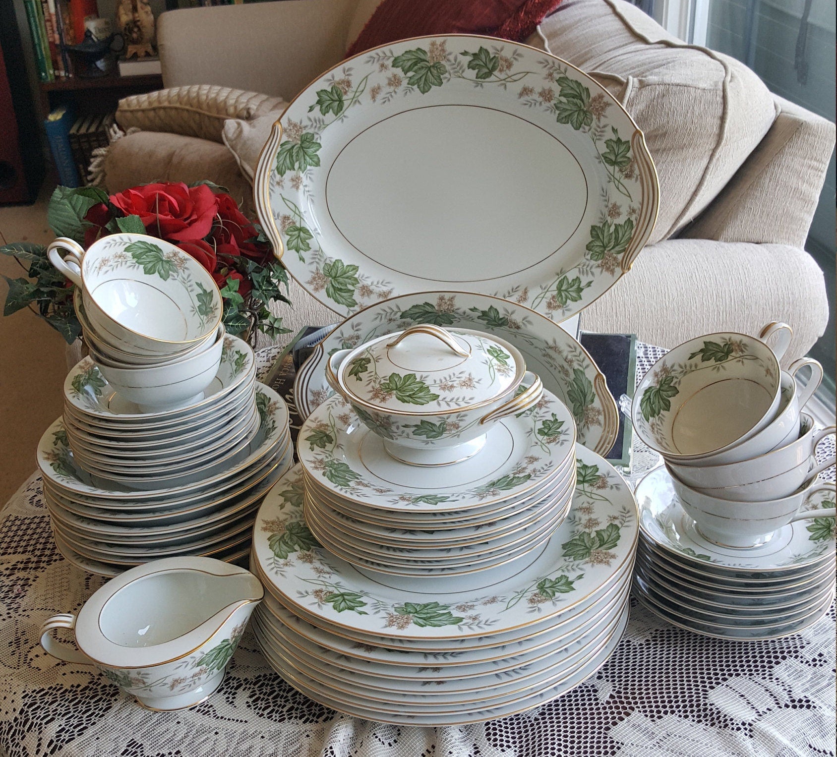 Noritake Set for 8 Noritake Daphne 53 Piece | Complete Dinnerware Set 6 Piece Setting | Hostess Set | Wedding Gift Estate Dinnerware, Thanksgiving - China Set ClassyTea
