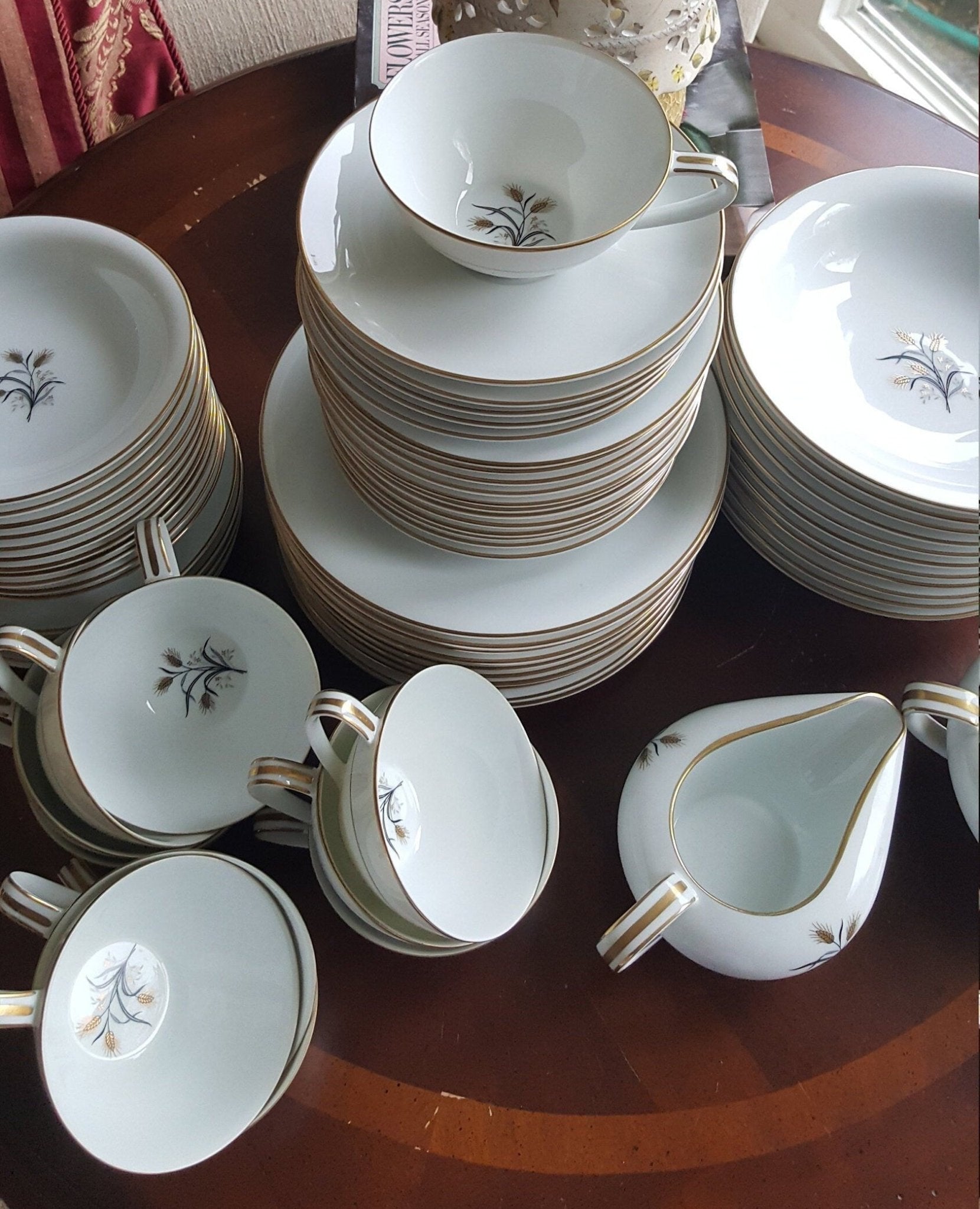 Noritake Set for 8 Noritake Wheatcroft 58 piece Beautiful Gold Trim Gray Leaves Wedding Gift Registry Luxury Thanksgiving Dinnerware China Set - China Set ClassyTea