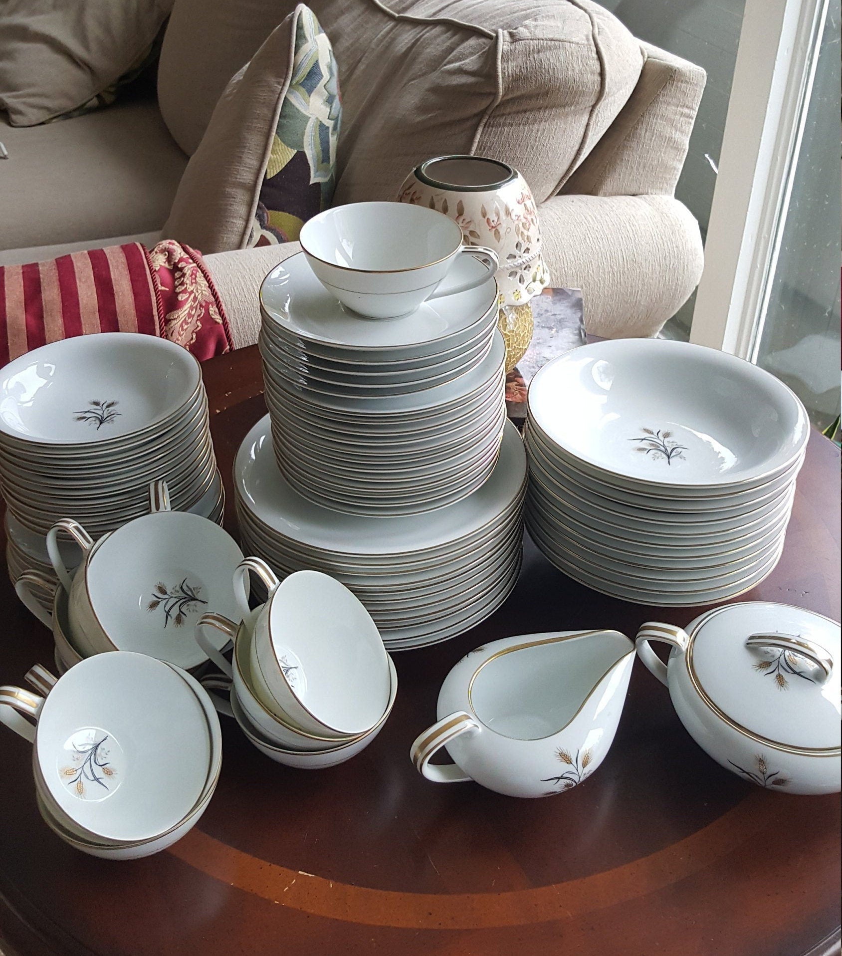 Noritake Set for 8 Noritake Wheatcroft 58 piece Beautiful Gold Trim Gray Leaves Wedding Gift Registry Luxury Thanksgiving Dinnerware China Set - China Set ClassyTea