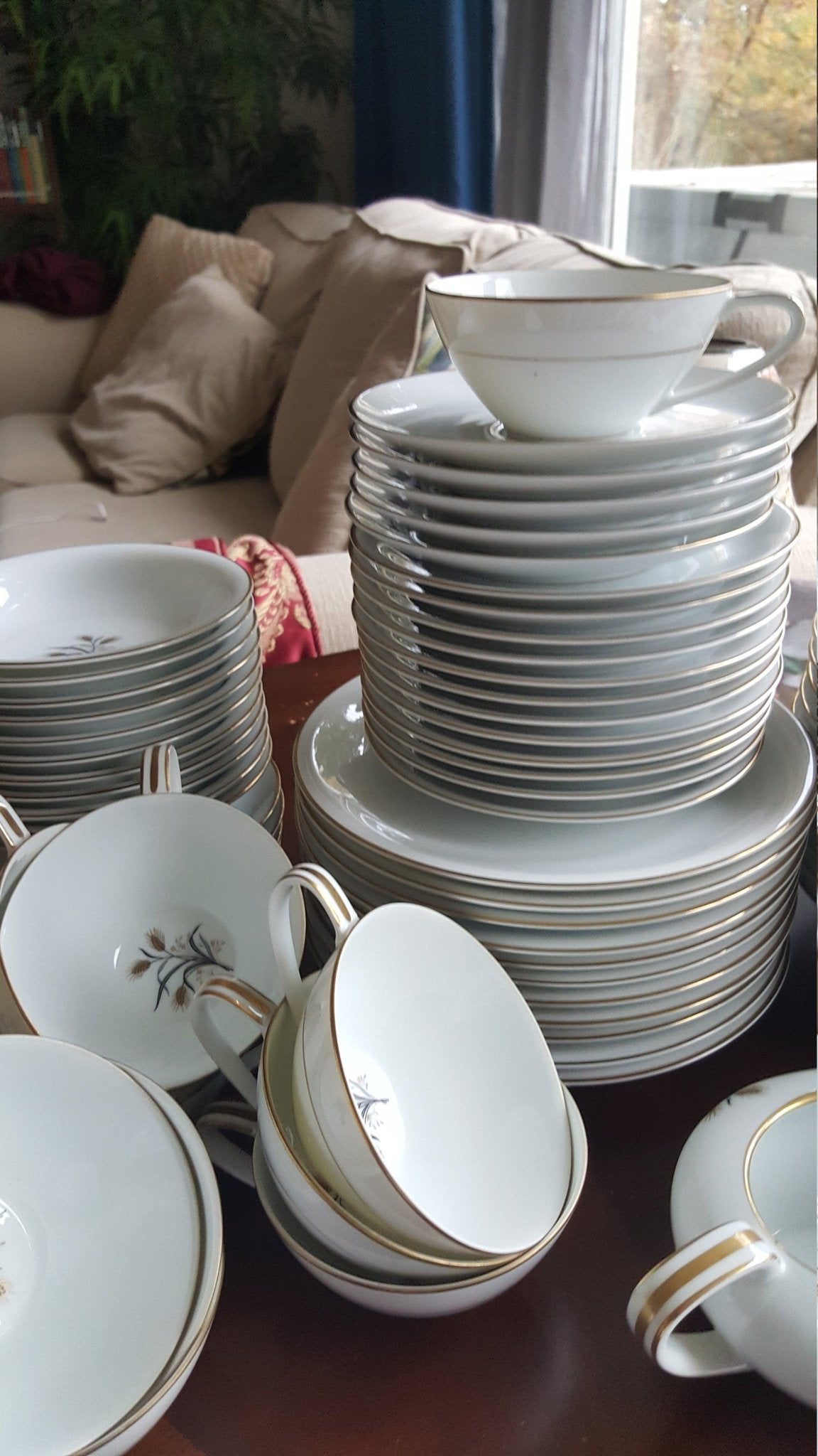 Noritake Set for 8 Noritake Wheatcroft 58 piece Beautiful Gold Trim Gray Leaves Wedding Gift Registry Luxury Thanksgiving Dinnerware China Set - China Set ClassyTea