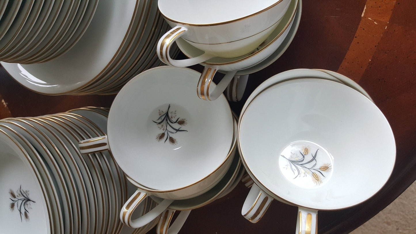 Noritake Set for 8 Noritake Wheatcroft 58 piece Beautiful Gold Trim Gray Leaves Wedding Gift Registry Luxury Thanksgiving Dinnerware China Set - China Set ClassyTea