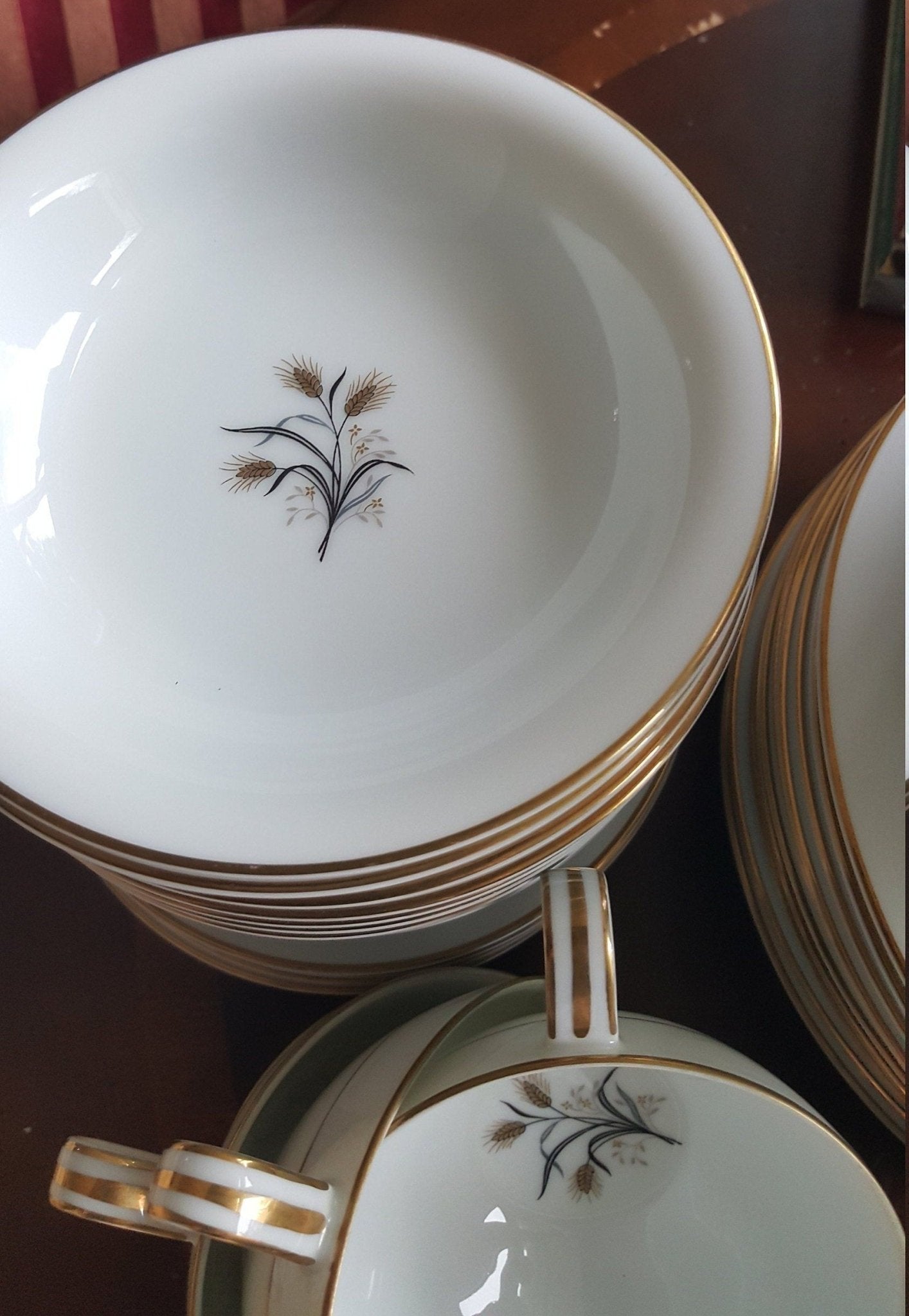 Noritake Set for 8 Noritake Wheatcroft 58 piece Beautiful Gold Trim Gray Leaves Wedding Gift Registry Luxury Thanksgiving Dinnerware China Set - China Set ClassyTea