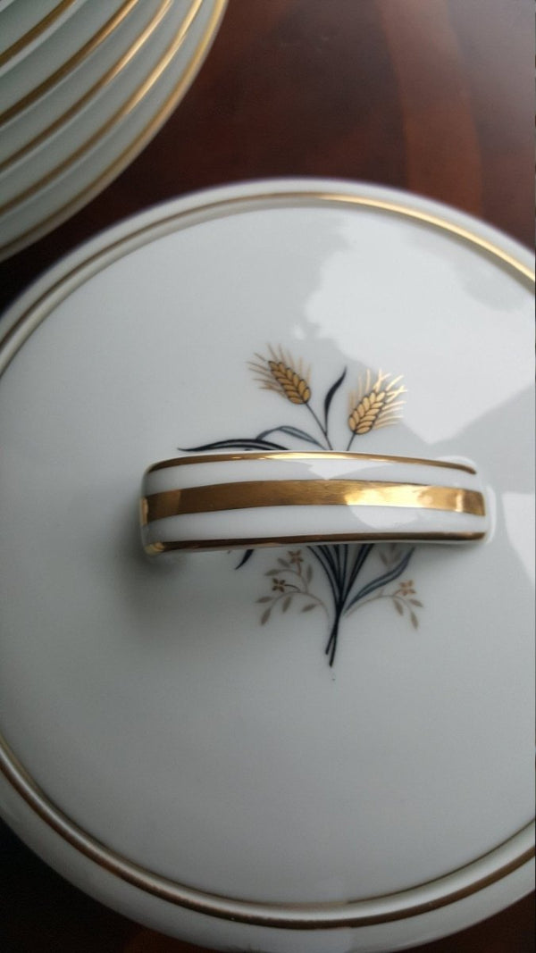Noritake Set for 8 Noritake Wheatcroft 58 piece Beautiful Gold Trim Gray Leaves Wedding Gift Registry Luxury Thanksgiving Dinnerware China Set - China Set ClassyTea