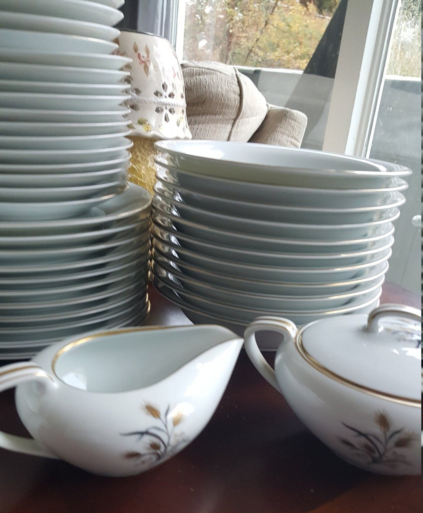 Noritake Set for 8 Noritake Wheatcroft 58 piece Beautiful Gold Trim Gray Leaves Wedding Gift Registry Luxury Thanksgiving Dinnerware China Set - China Set ClassyTea
