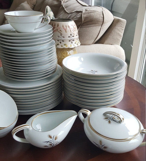 Noritake Set for 8 Noritake Wheatcroft 58 piece Beautiful Gold Trim Gray Leaves Wedding Gift Registry Luxury Thanksgiving Dinnerware China Set - China Set ClassyTea