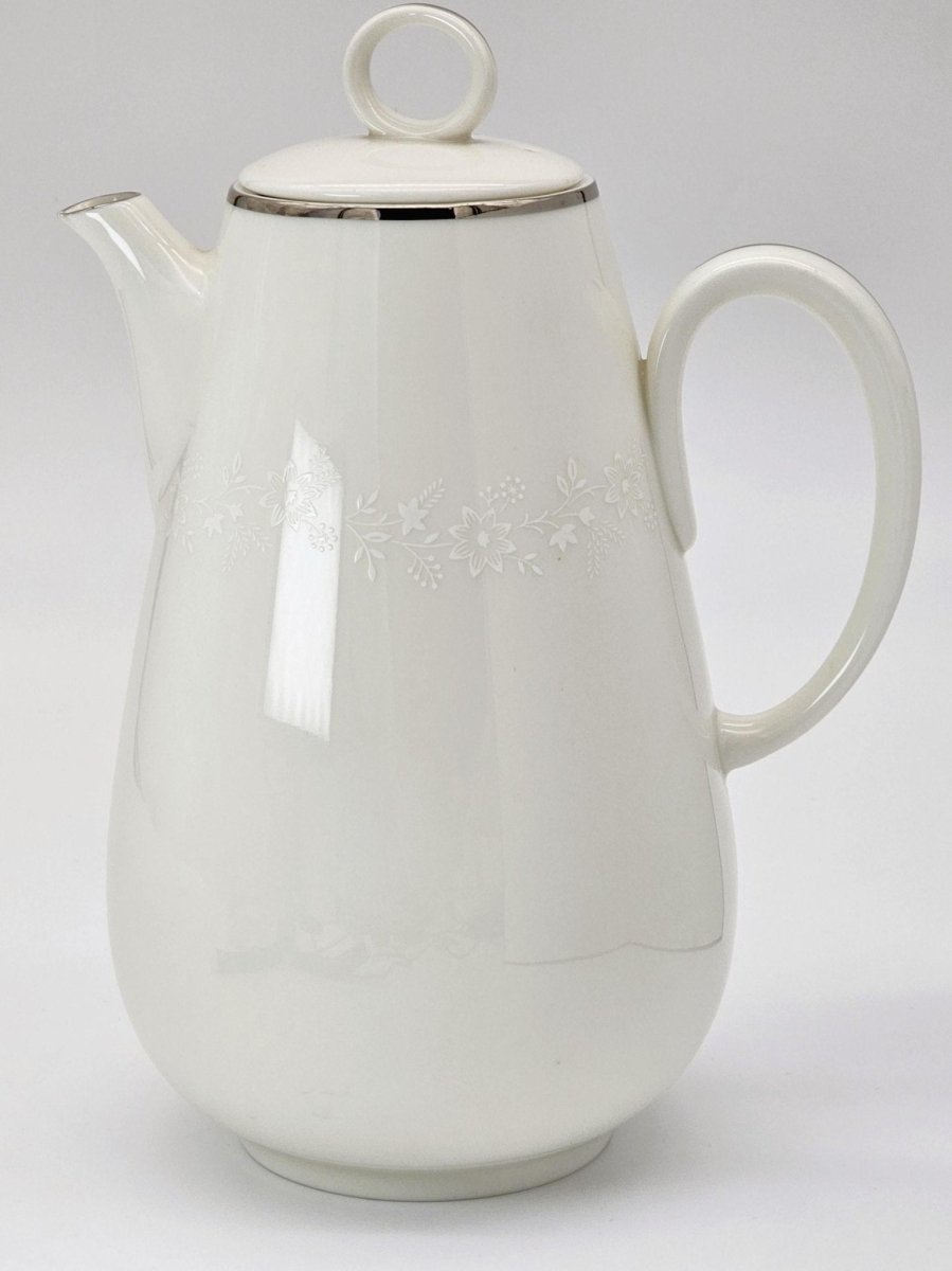 Noritake Noritake Montblanc Coffee Pot, Creamer, and Sugar Bowl with Lid Set, White Floral Motif Band, Platinum Trim, Vintage China Wedding Registry - Coffee Set ClassyTea