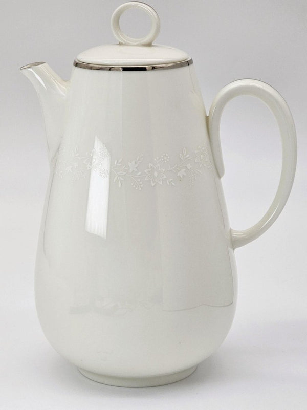 Noritake Noritake Montblanc Coffee Pot, Creamer, and Sugar Bowl with Lid Set, White Floral Motif Band, Platinum Trim, Vintage China Wedding Registry - Coffee Set ClassyTea