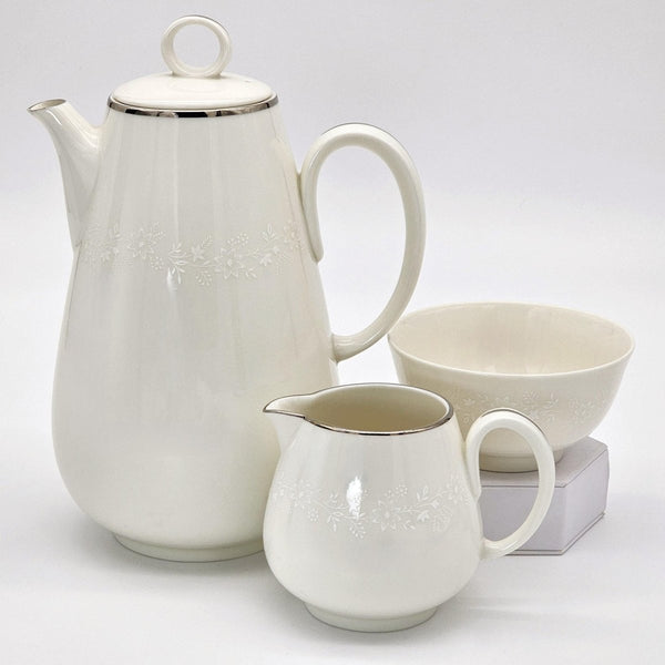Noritake Noritake Montblanc Coffee Pot, Creamer, and Sugar Bowl with Lid Set, White Floral Motif Band, Platinum Trim, Vintage China Wedding Registry - Coffee Set ClassyTea