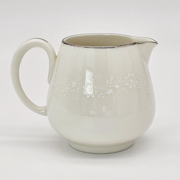 Noritake Noritake Montblanc Coffee Pot, Creamer, and Sugar Bowl with Lid Set, White Floral Motif Band, Platinum Trim, Vintage China Wedding Registry - Coffee Set ClassyTea