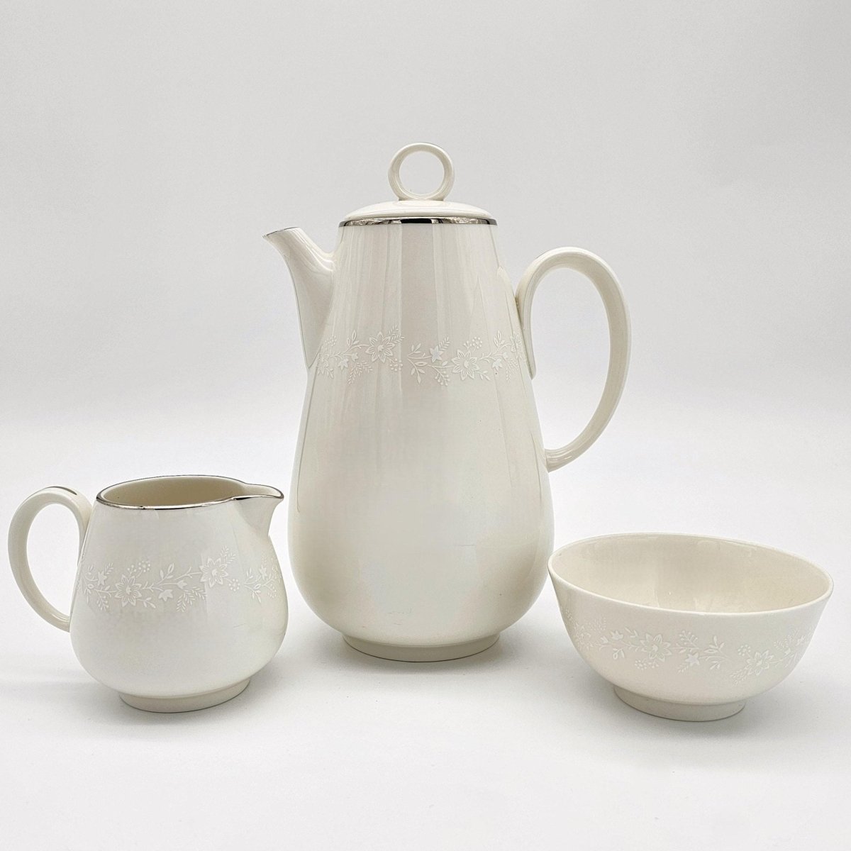 Noritake Noritake Montblanc Coffee Pot, Creamer, and Sugar Bowl with Lid Set, White Floral Motif Band, Platinum Trim, Vintage China Wedding Registry - Coffee Set ClassyTea