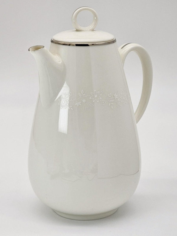 Noritake Noritake Montblanc Coffee Pot, Creamer, and Sugar Bowl with Lid Set, White Floral Motif Band, Platinum Trim, Vintage China Wedding Registry - Coffee Set ClassyTea