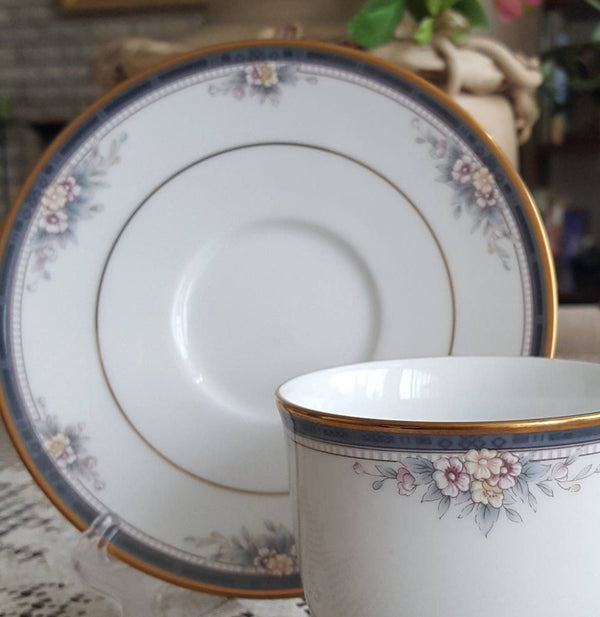 Noritake Set for 8 Noritake Ontario Cup and Saucer China Set Elegant Gold Trim Pink owers and Blue Band Replacement Luxury Dinnerware wedding - Cups & Saucers ClassyTea