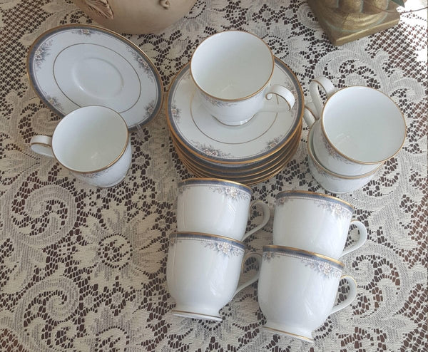Noritake Set for 8 Noritake Ontario Cup and Saucer China Set Elegant Gold Trim Pink owers and Blue Band Replacement Luxury Dinnerware wedding - Cups & Saucers ClassyTea