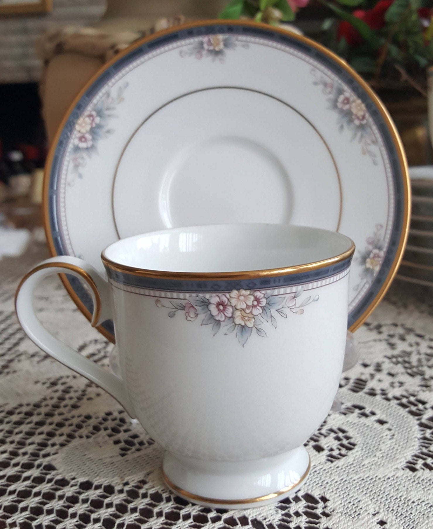 Noritake Set for 8 Noritake Ontario Cup and Saucer China Set Elegant Gold Trim Pink owers and Blue Band Replacement Luxury Dinnerware wedding - Cups & Saucers ClassyTea