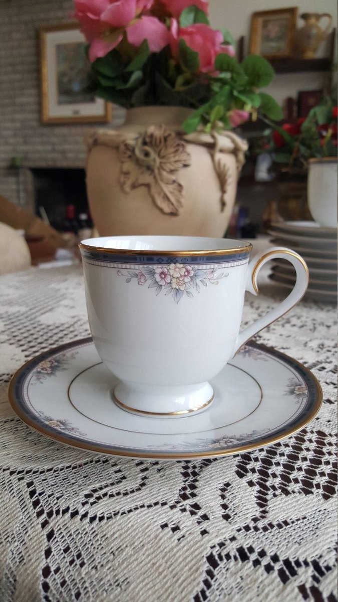 Noritake Set for 8 Noritake Ontario Cup and Saucer China Set Elegant Gold Trim Pink owers and Blue Band Replacement Luxury Dinnerware wedding - Cups & Saucers ClassyTea