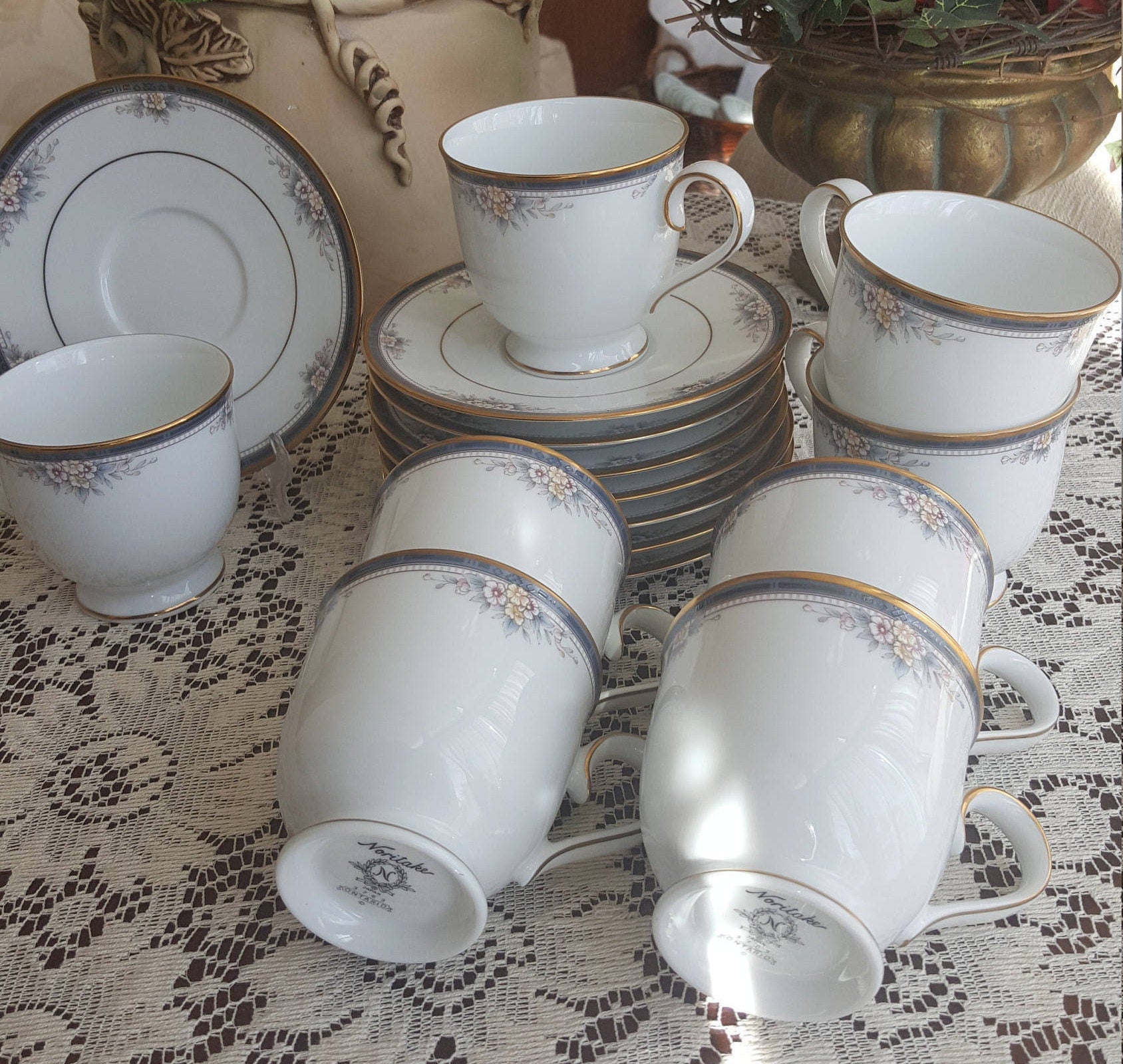 Noritake Set for 8 Noritake Ontario Cup and Saucer China Set Elegant Gold Trim Pink owers and Blue Band Replacement Luxury Dinnerware wedding - Cups & Saucers ClassyTea