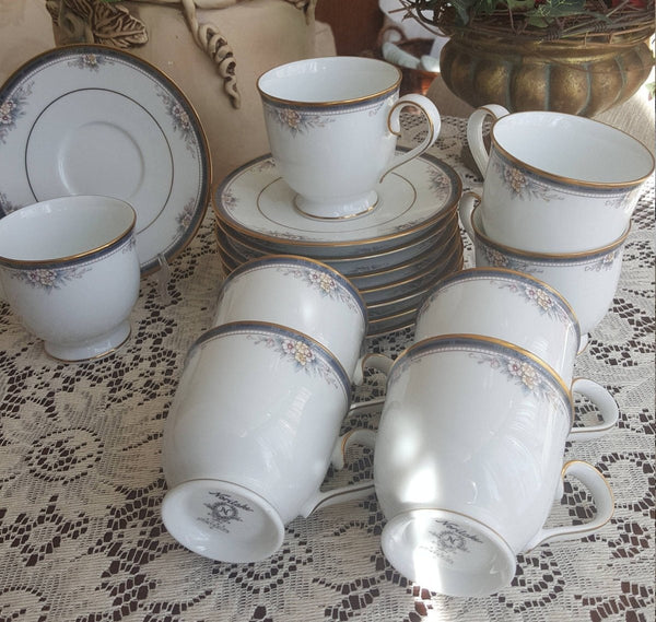 Noritake Set for 8 Noritake Ontario Cup and Saucer China Set Elegant Gold Trim Pink owers and Blue Band Replacement Luxury Dinnerware wedding - Cups & Saucers ClassyTea