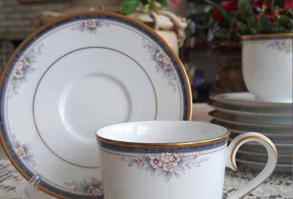 Noritake Set for 8 Noritake Ontario Cup and Saucer China Set Elegant Gold Trim Pink owers and Blue Band Replacement Luxury Dinnerware wedding - Cups & Saucers ClassyTea