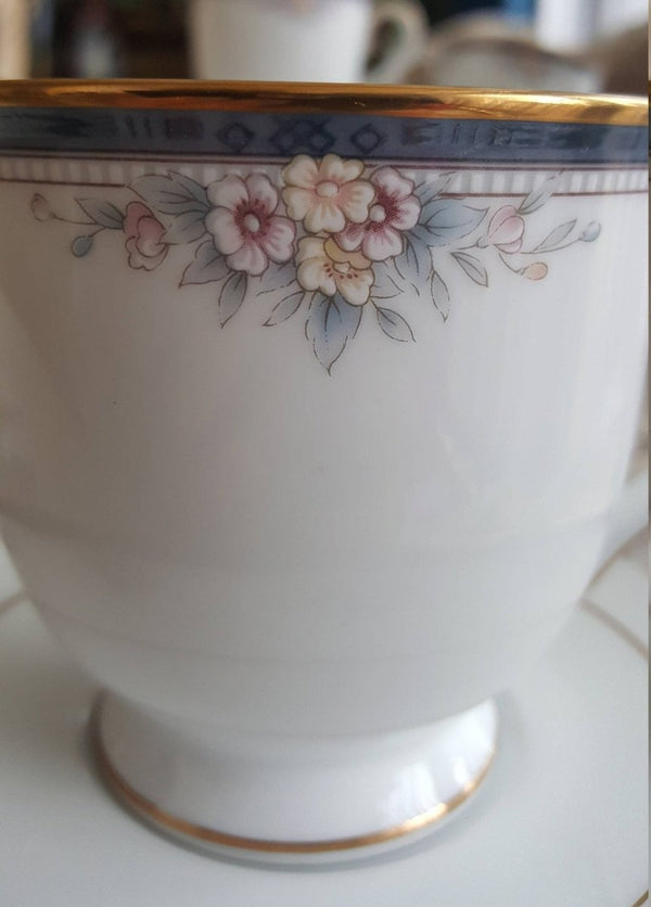 Noritake Set for 8 Noritake Ontario Cup and Saucer China Set Elegant Gold Trim Pink owers and Blue Band Replacement Luxury Dinnerware wedding - Cups & Saucers ClassyTea