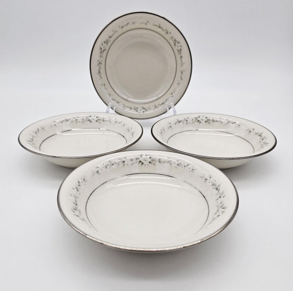 Noritake Noritake Heather Fruit/Dessert Bowls, Set of 4, Vintage Floral Pattern, White Flowers Green Leaves, Platinum Trim, Thanksgiving Dinnerware - Fruit/Dessert Bowl ClassyTea