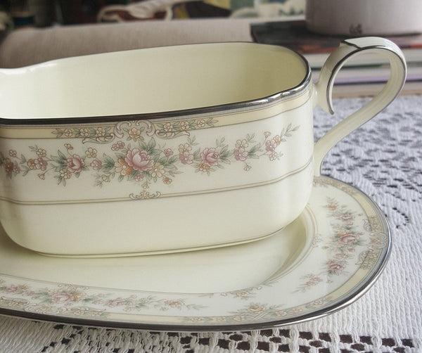 Noritake Gravy Boat Noritake Shenandoah 2 Piece Bone China Set Ivory Background Yellow Band Pink Flowers Platinum Trim, Wedding Gift Dinnerware Set - Gravy Boat ClassyTea