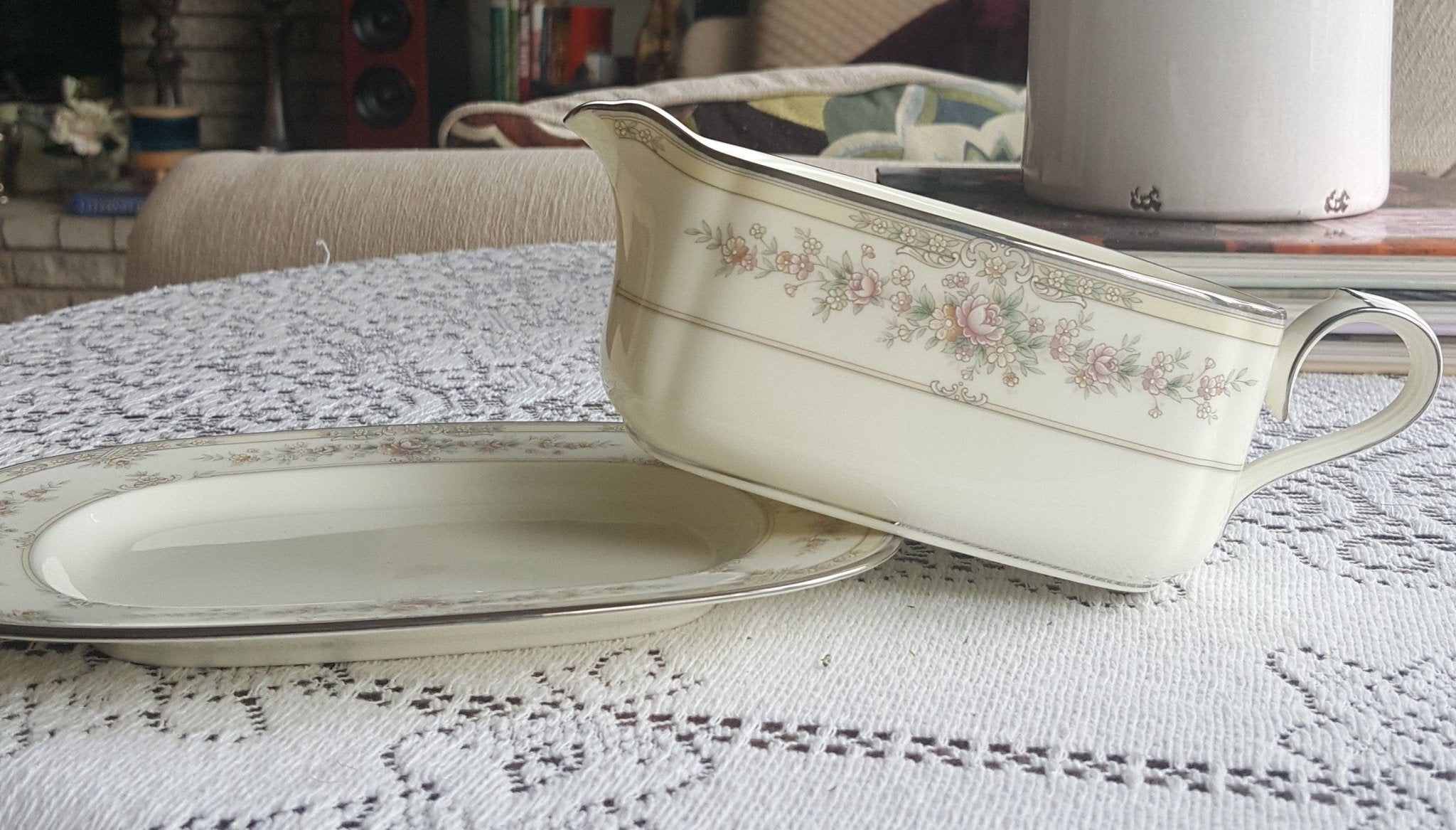 Noritake Gravy Boat Noritake Shenandoah 2 Piece Bone China Set Ivory Background Yellow Band Pink Flowers Platinum Trim, Wedding Gift Dinnerware Set - Gravy Boat ClassyTea