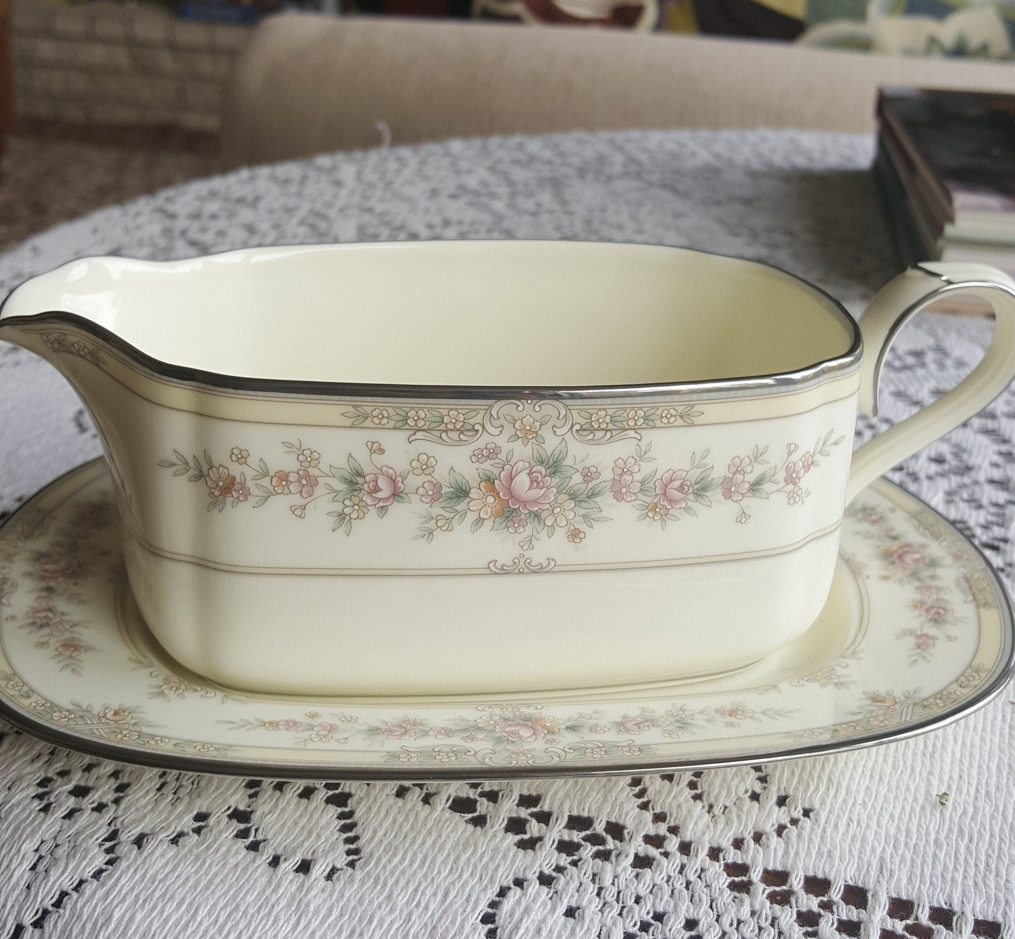 Noritake Gravy Boat Noritake Shenandoah 2 Piece Bone China Set Ivory Background Yellow Band Pink Flowers Platinum Trim, Wedding Gift Dinnerware Set - Gravy Boat ClassyTea