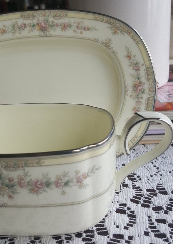 Noritake Gravy Boat Noritake Shenandoah 2 Piece Bone China Set Ivory Background Yellow Band Pink Flowers Platinum Trim, Wedding Gift Dinnerware Set - Gravy Boat ClassyTea