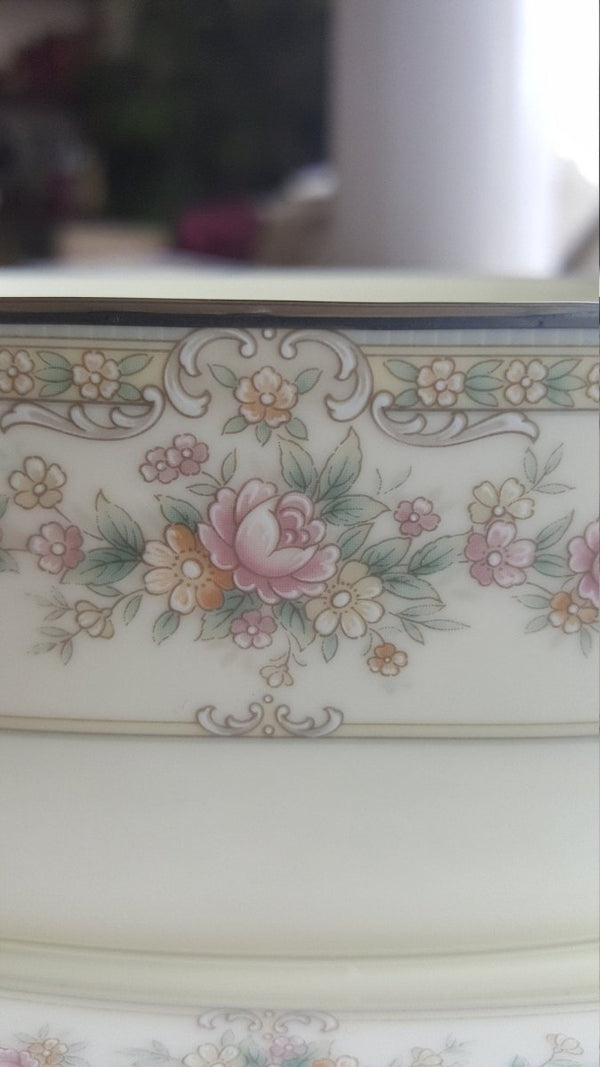 Noritake Gravy Boat Noritake Shenandoah 2 Piece Bone China Set Ivory Background Yellow Band Pink Flowers Platinum Trim, Wedding Gift Dinnerware Set - Gravy Boat ClassyTea
