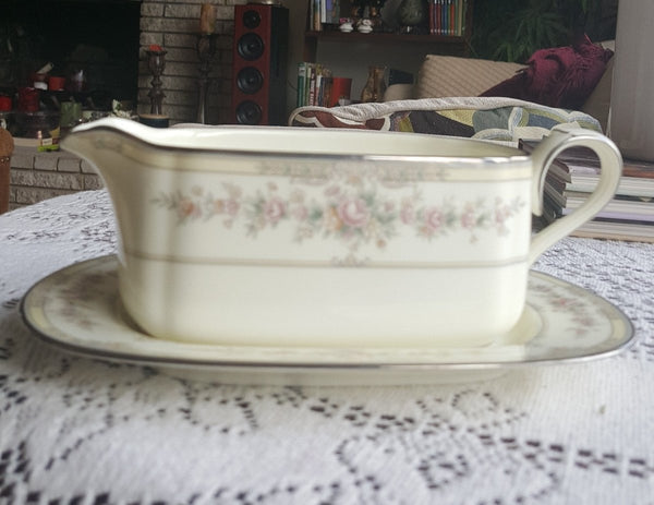 Noritake Gravy Boat Noritake Shenandoah 2 Piece Bone China Set Ivory Background Yellow Band Pink Flowers Platinum Trim, Wedding Gift Dinnerware Set - Gravy Boat ClassyTea