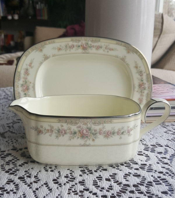Noritake Gravy Boat Noritake Shenandoah 2 Piece Bone China Set Ivory Background Yellow Band Pink Flowers Platinum Trim, Wedding Gift Dinnerware Set - Gravy Boat ClassyTea