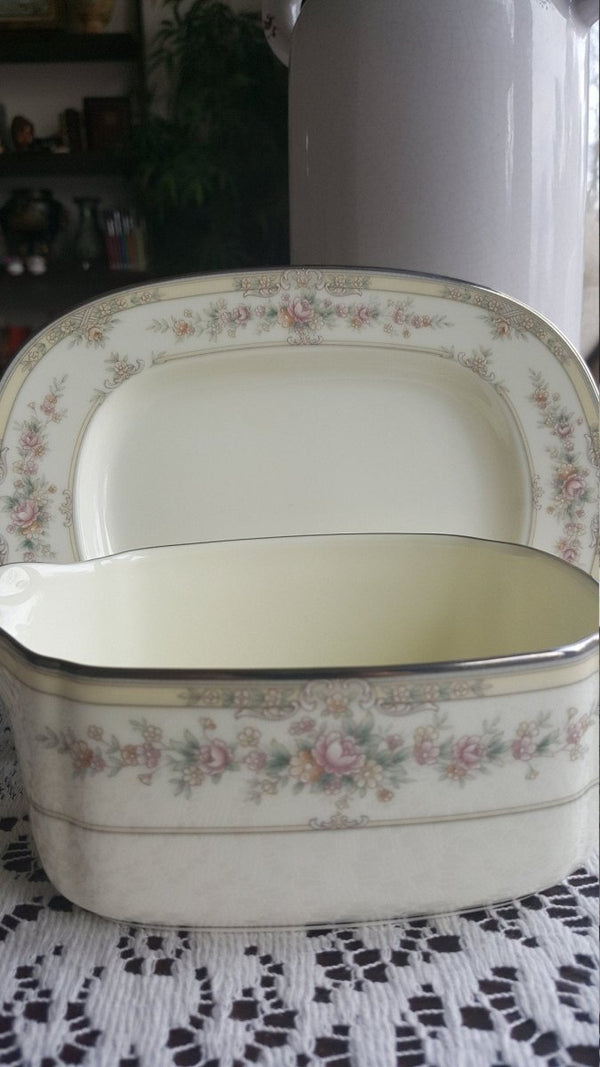 Noritake Gravy Boat Noritake Shenandoah 2 Piece Bone China Set Ivory Background Yellow Band Pink Flowers Platinum Trim, Wedding Gift Dinnerware Set - Gravy Boat ClassyTea
