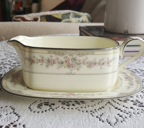 Noritake Gravy Boat Noritake Shenandoah 2 Piece Bone China Set Ivory Background Yellow Band Pink Flowers Platinum Trim, Wedding Gift Dinnerware Set - Gravy Boat ClassyTea
