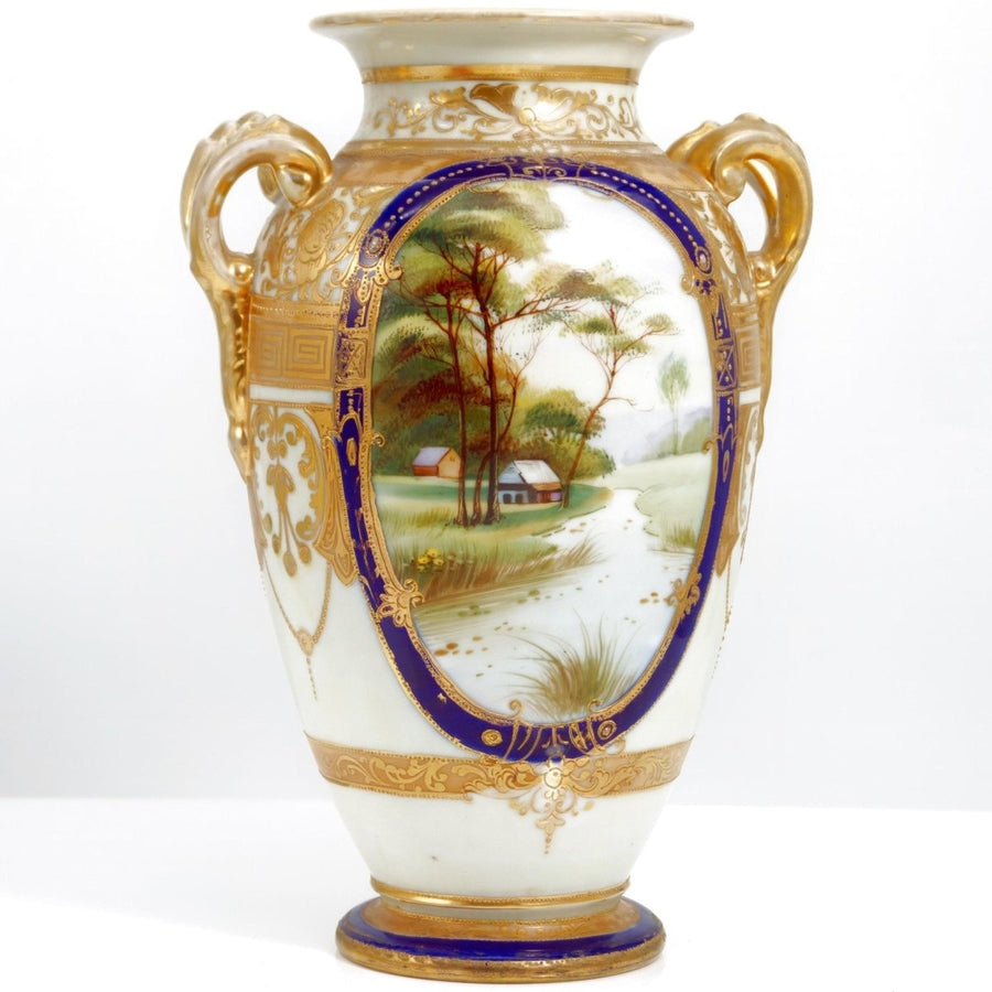 Noritake Cobalt and Gold Landscape Vase (10") | Antique Porcelain
