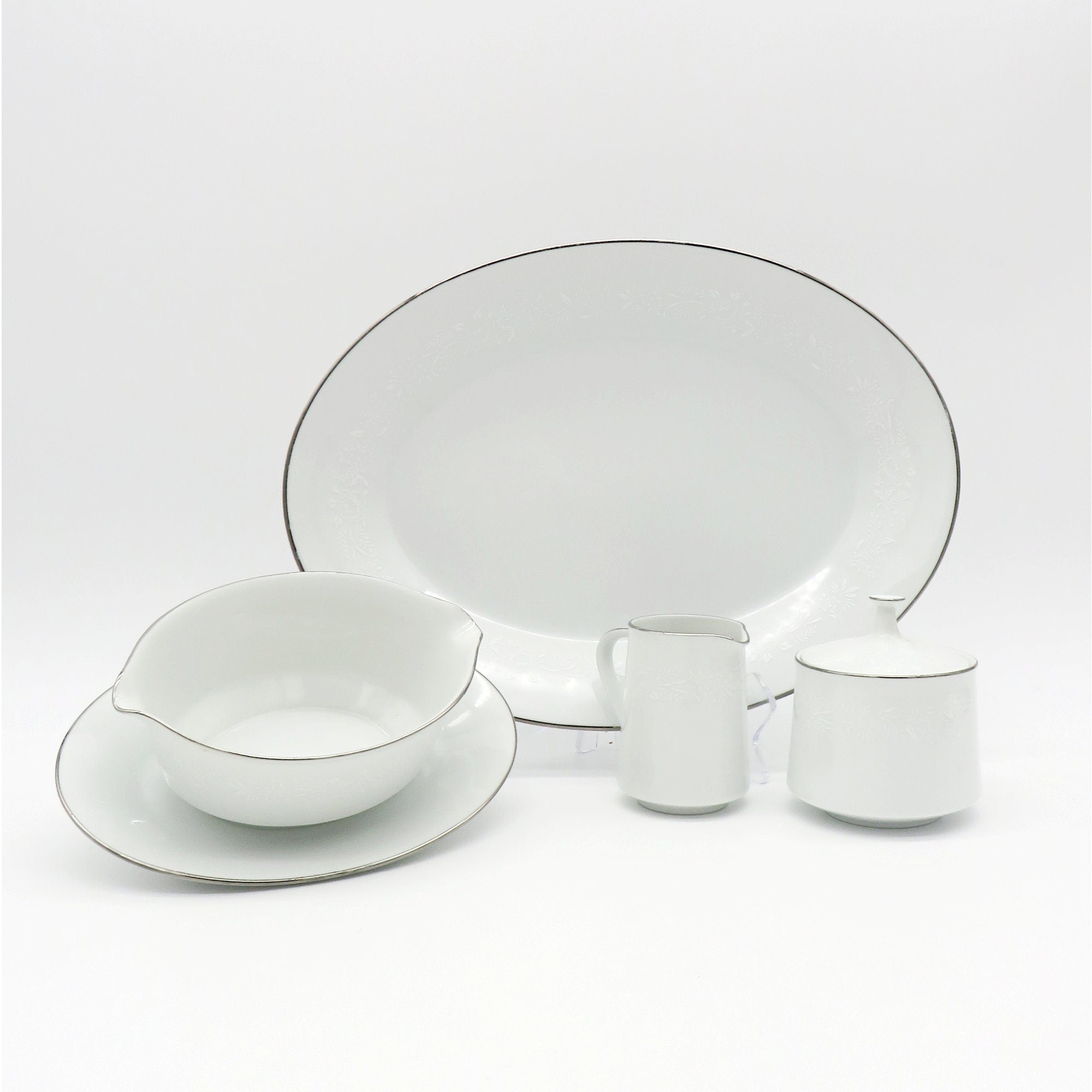 Noritake 4 Piece Hostess Set Noritake Reina (#6450Q) | Dinnerware Set White On White Flowers & Leaves, Platinum Trim | Tableware Replacement China. - Serving Set ClassyTea