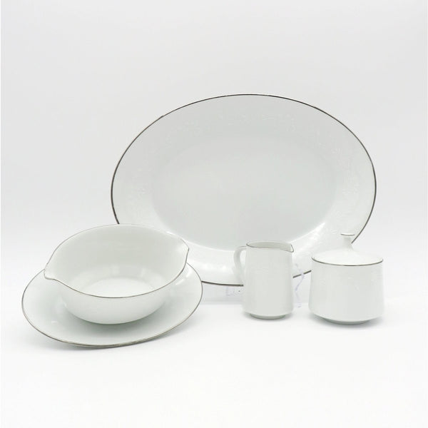 Noritake 4 Piece Hostess Set Noritake Reina (#6450Q) | Dinnerware Set White On White Flowers & Leaves, Platinum Trim | Tableware Replacement China. - Serving Set ClassyTea