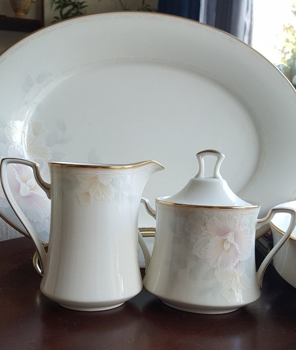 Noritake 5 Piece Hostess Set Noritake Sweet Surprise Serving Dinnerware Set Yellow, Blue & Pink Pastel Floral/One Side Gold Trim Wedding Registry - Serving Set ClassyTea