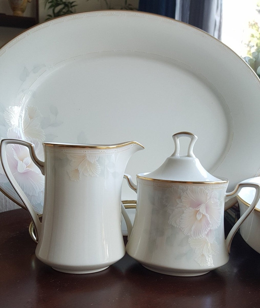 Noritake 5 Piece Hostess Set Noritake Sweet Surprise Serving Dinnerware Set Yellow, Blue & Pink Pastel Floral/One Side Gold Trim Wedding Registry - Serving Set ClassyTea