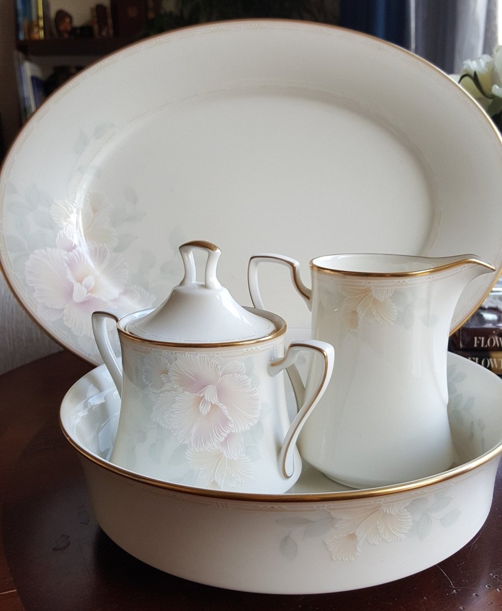 Noritake 5 Piece Hostess Set Noritake Sweet Surprise Serving Dinnerware Set Yellow, Blue & Pink Pastel Floral/One Side Gold Trim Wedding Registry - Serving Set ClassyTea