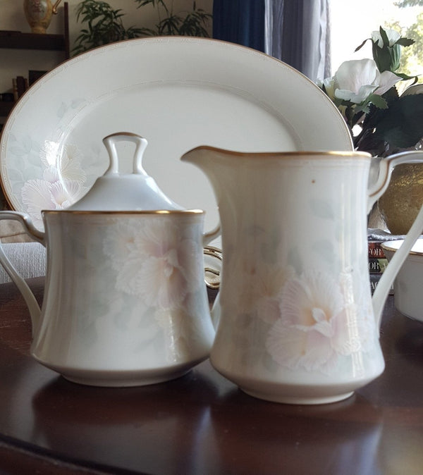 Noritake 5 Piece Hostess Set Noritake Sweet Surprise Serving Dinnerware Set Yellow, Blue & Pink Pastel Floral/One Side Gold Trim Wedding Registry - Serving Set ClassyTea