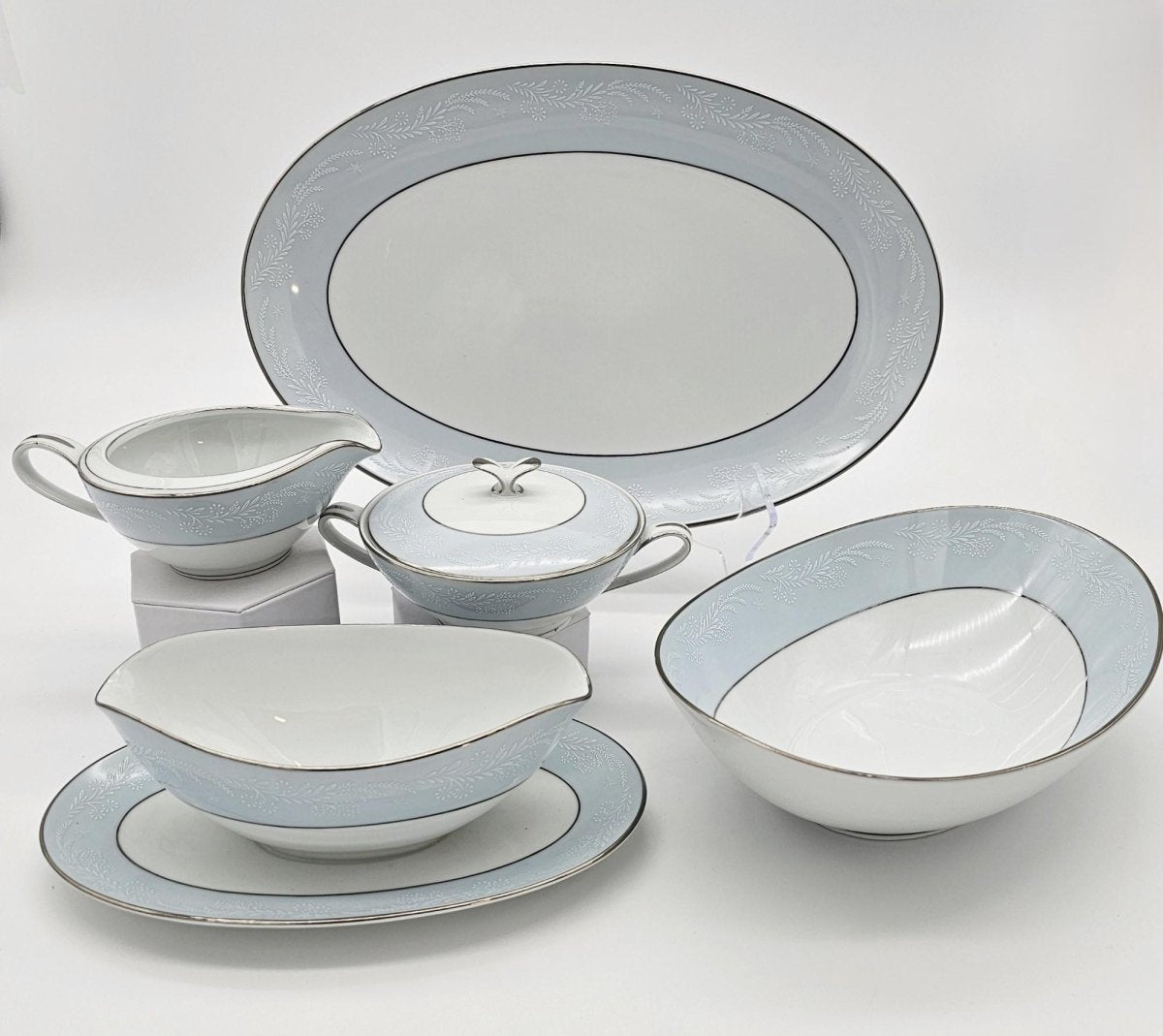 Noritake Noritake Laureate Hostess Set, 16" Oval Platter, Vegetable Bowl, Gravy Boat, Creamer & Sugar Bowl, Vintage Silver Trim , Thanksgiving - Serving Set ClassyTea