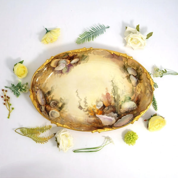 Pouyat Limoges 1906 Antique Oyster Platter | French Antique Limoges Fine China Porcelain Coastal Serveware Large Antique Oyster Plate for China Cabinet - Oyster Plate ClassyTea