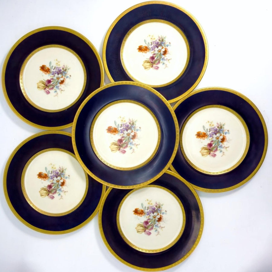 Royal Bavarian Hutschenreuther Blue & Gold Plates (10.5"), Set of 6 | Vintage
