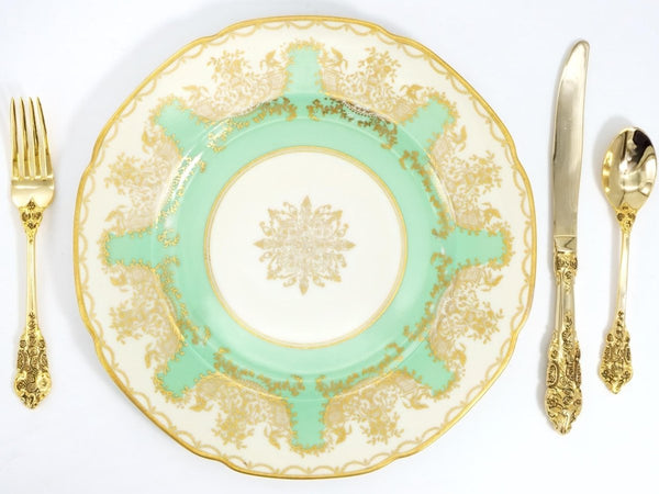 Royal Bavarian Hutschenreuther 1920s Art Deco Antique Dinner Plates For China Cabinet Royal Bavarian Hutschenreuther 22kt Celadon Green & Gold Sage Green Plates China Set - China Cabinet Plate Set ClassyTea