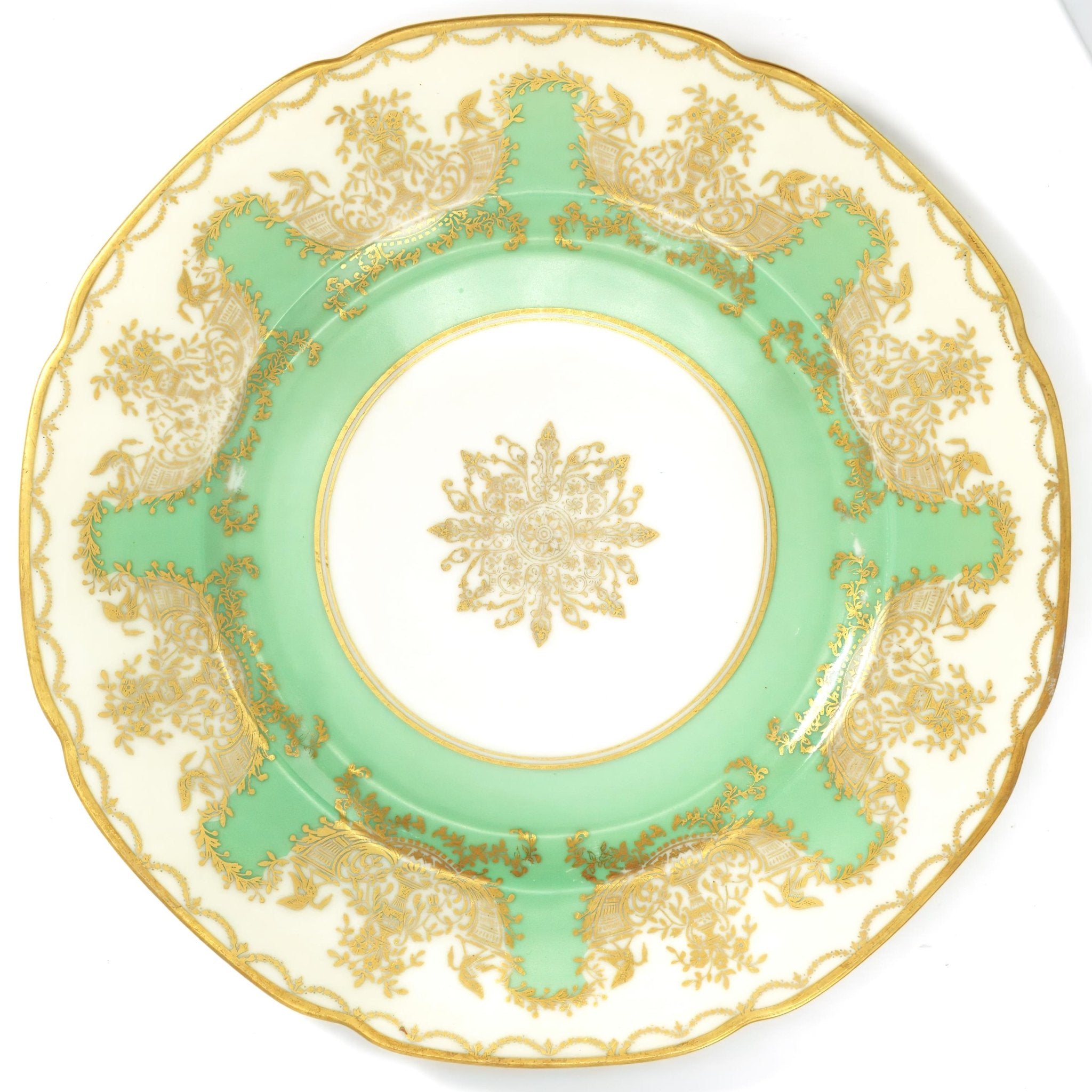 Royal Bavarian Hutschenreuther 1920s Art Deco Antique Dinner Plates For China Cabinet Royal Bavarian Hutschenreuther 22kt Celadon Green & Gold Sage Green Plates China Set - China Cabinet Plate Set ClassyTea