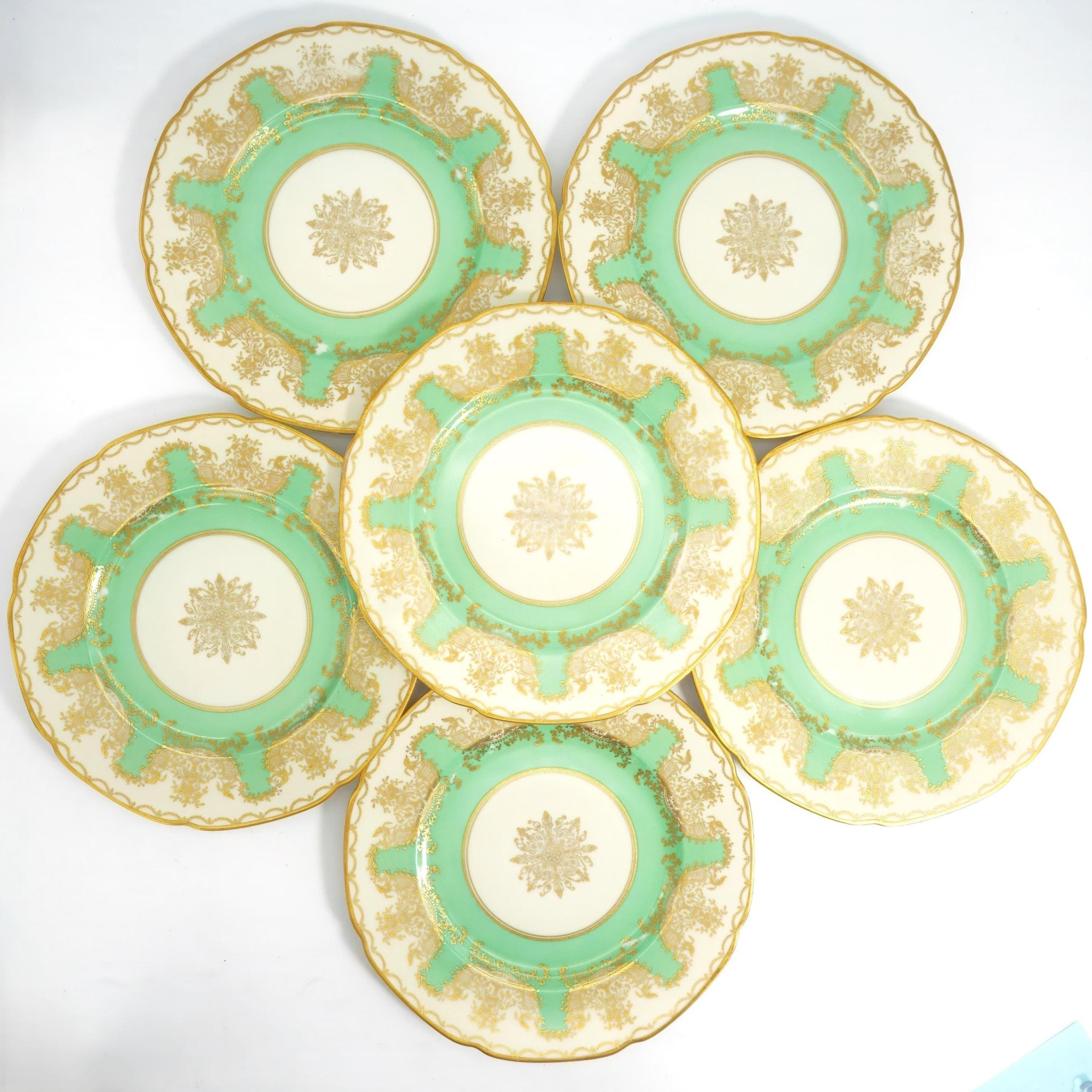 Royal Bavarian Hutschenreuther 1920s Art Deco Antique Dinner Plates For China Cabinet Royal Bavarian Hutschenreuther 22kt Celadon Green & Gold Sage Green Plates China Set - China Cabinet Plate Set ClassyTea